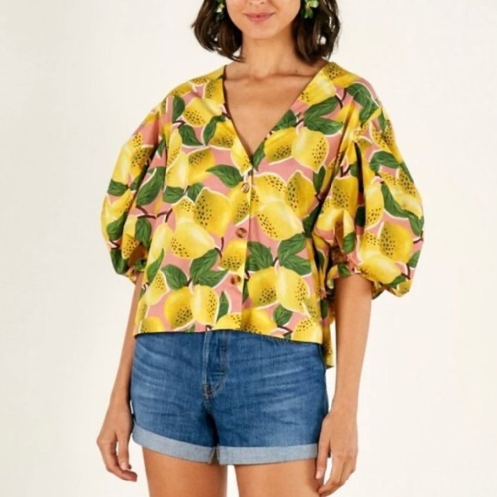 FARM Rio Yellow Pink Lemon Print Puff Sleeve Blouse - Picture 1 of 5
